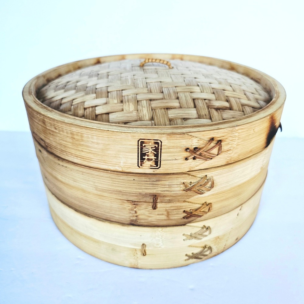 Vintage Bamboo Food Steamer 2 Tier 12 Inch Round Basket with Lid Dim Sum Cooking